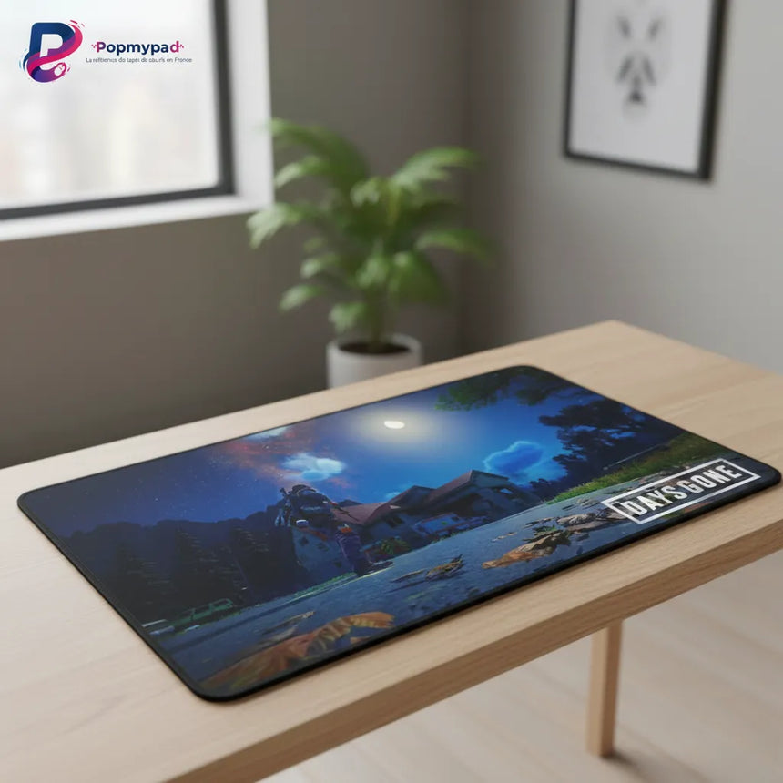 Tapis de souris Gaming Days Gone - Édition Farewell Nocturne sur une table, illustrant un paysage nocturne inspiré du jeu.