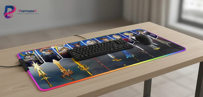 Tapis de souris Gaming Final Fantasy - Édition Collector Héros & Armes Légendaires sur un bureau avec clavier et souris.