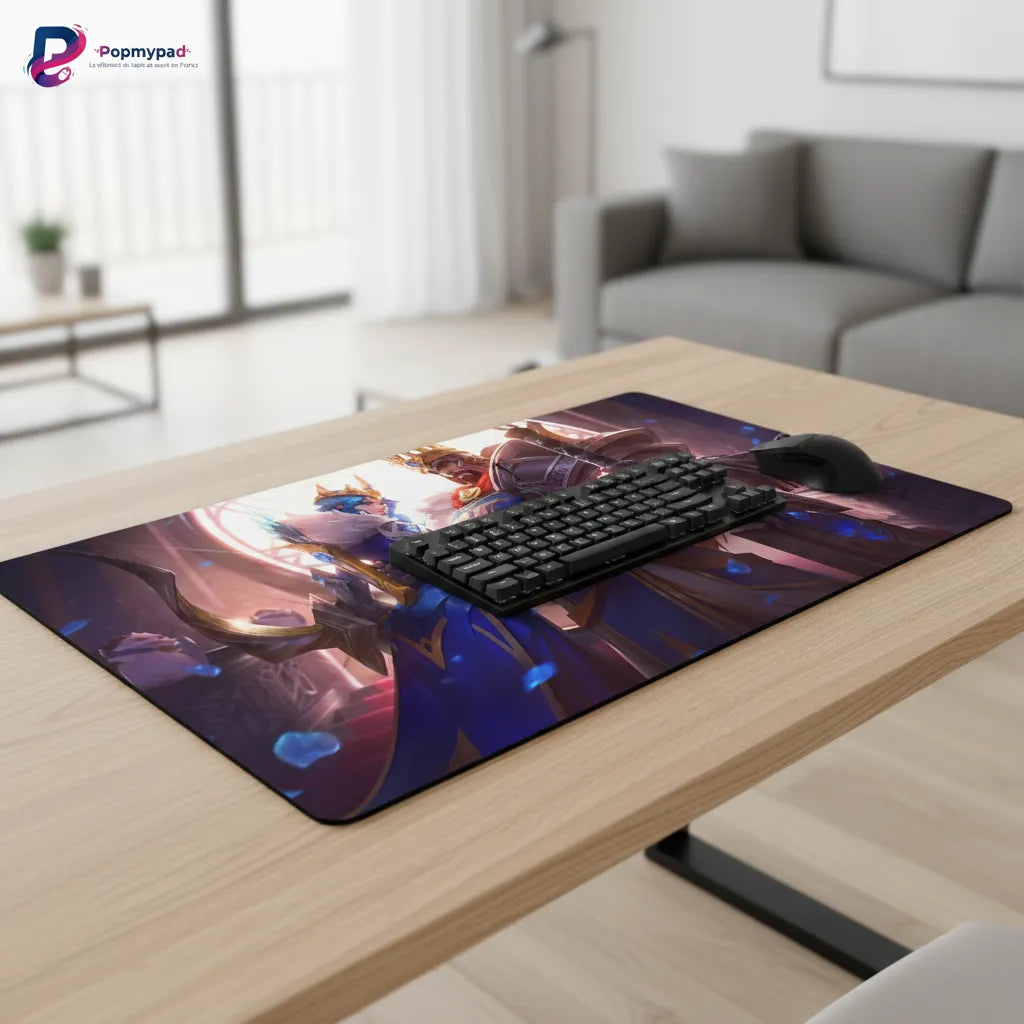 Tapis de souris Gaming Garen - League of Legends - Demacia Tactical Edition sur un bureau moderne avec clavier.