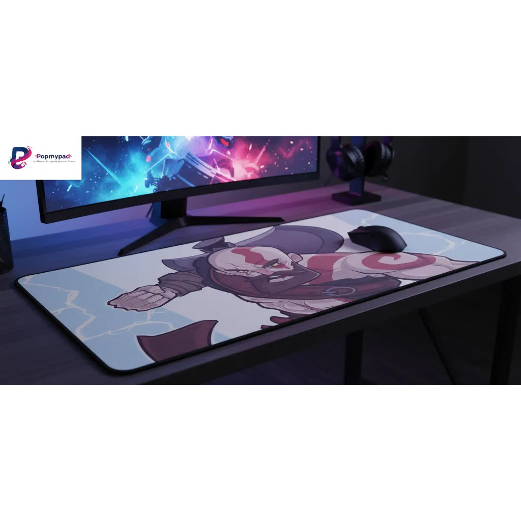Tapis de souris Gaming God of War - Édition Kratos "Berserker" XXL sur un bureau avec ordinateur.