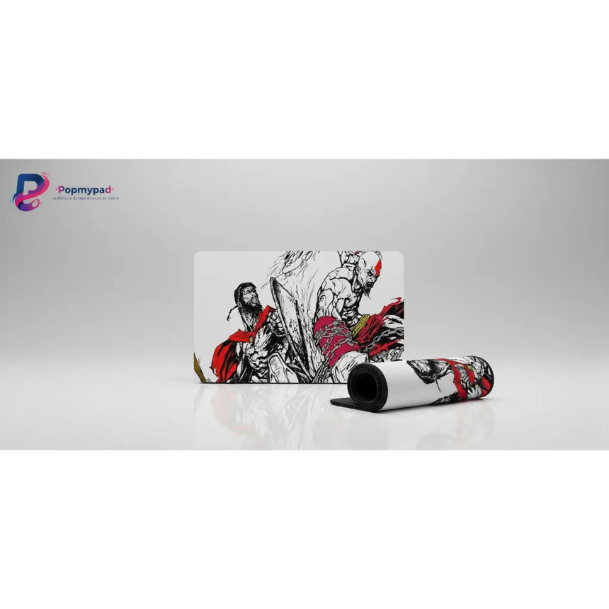 Tapis de souris Gaming God of War - Édition Kratos à Midgard affichant un design vibrante en noir et rouge.