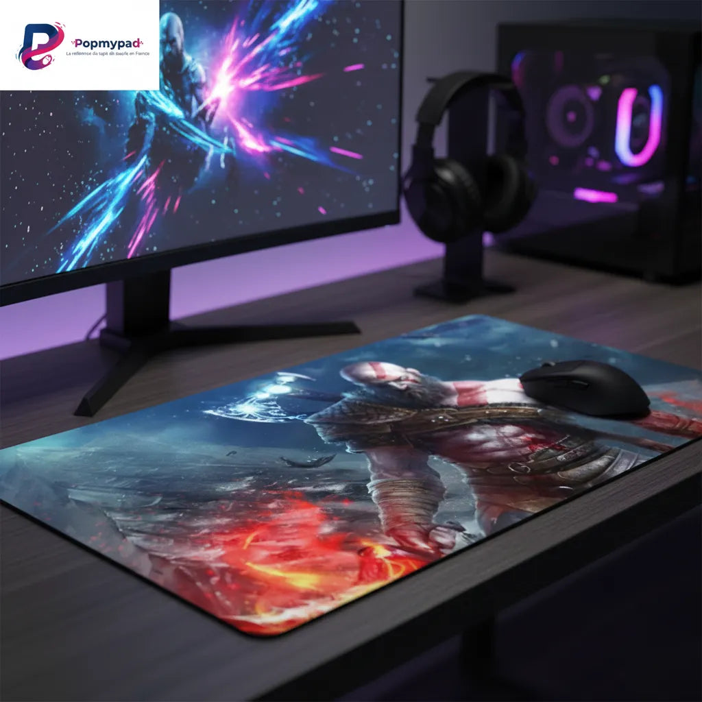 Tapis de souris Gaming God of War - Kratos Leviathan Edition - XXL sur un bureau avec un écran et un ordinateur.