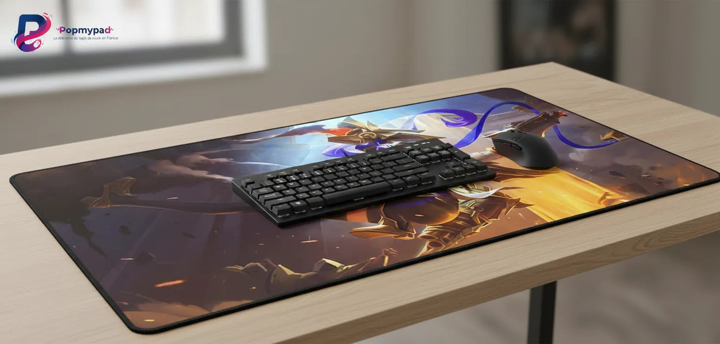 Tapis de souris Gaming Jinx - League of Legends Edition - Tactical HUD sur un bureau avec clavier et souris.