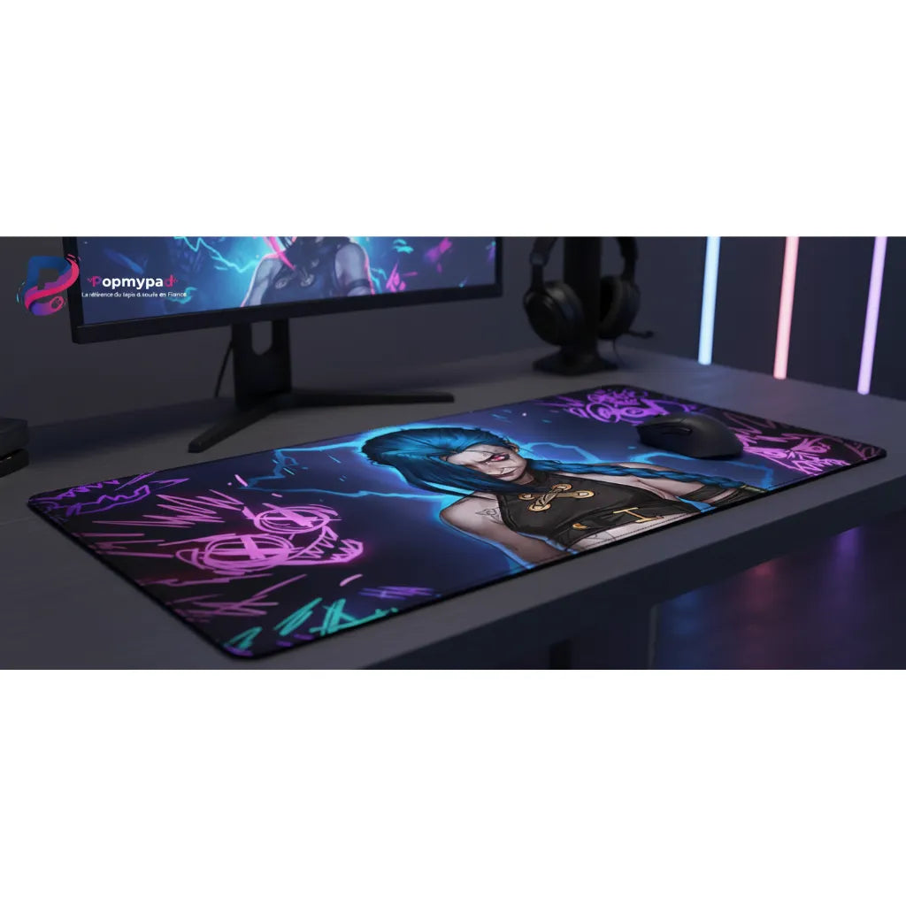 Tapis de souris Gaming Jinx - League of Legends | Édition Chaos Néon sur un bureau avec un éclairage néon.