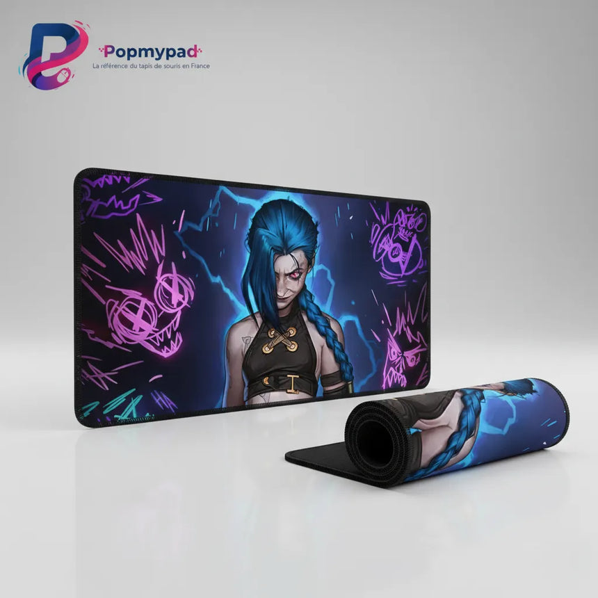 Tapis de souris Gaming Jinx - League of Legends | Édition Chaos Néon - Illustration artistique de Jinx avec effets lumineux.
