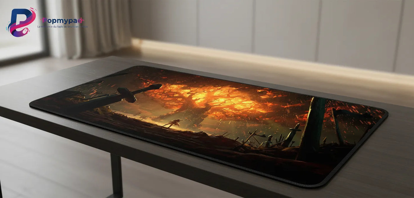 Tapis de souris Gaming "L'Arbre en Feu" – Performance Esport & Design Épique sur un bureau moderne.