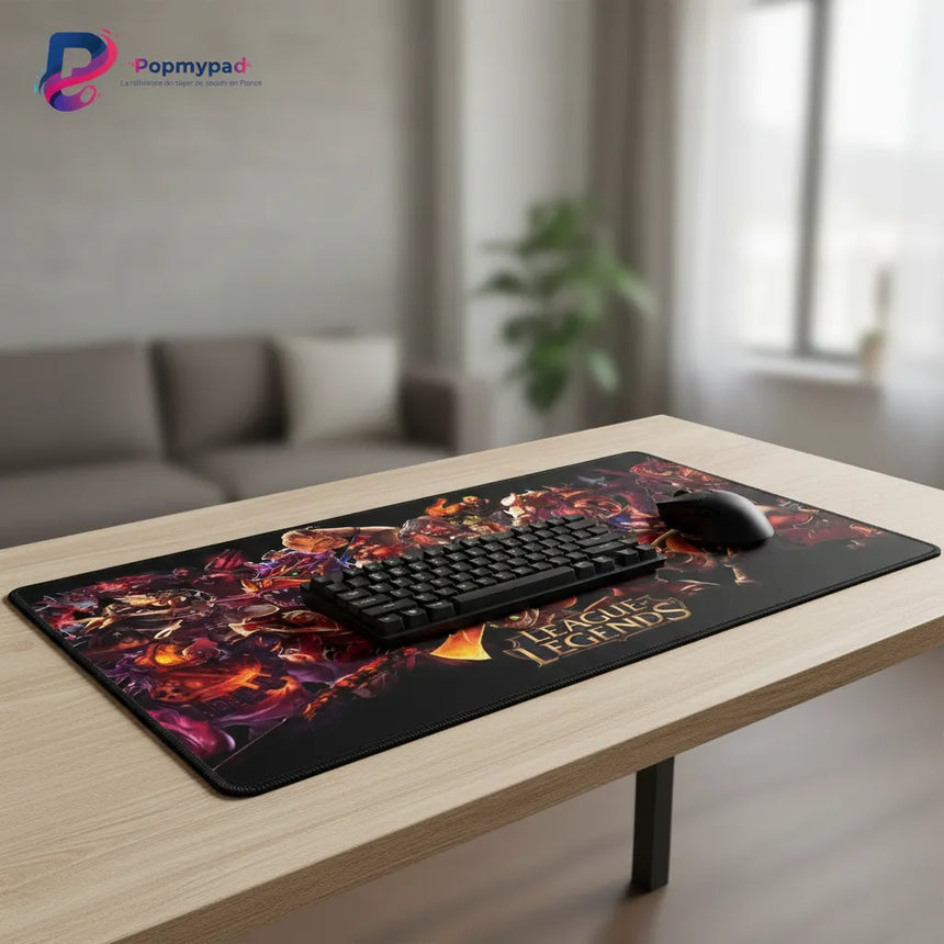 Tapis de souris Gaming League of Legends - Édition Fresque des Champions XXL avec clavier et souris sur table.