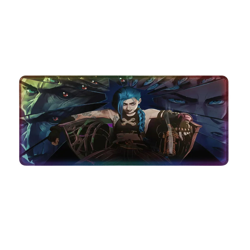 Tapis de souris Gaming League of Legends - Édition Jinx Arcane - Glisse Ultime avec illustration de Jinx et arrière-plan vibrant.