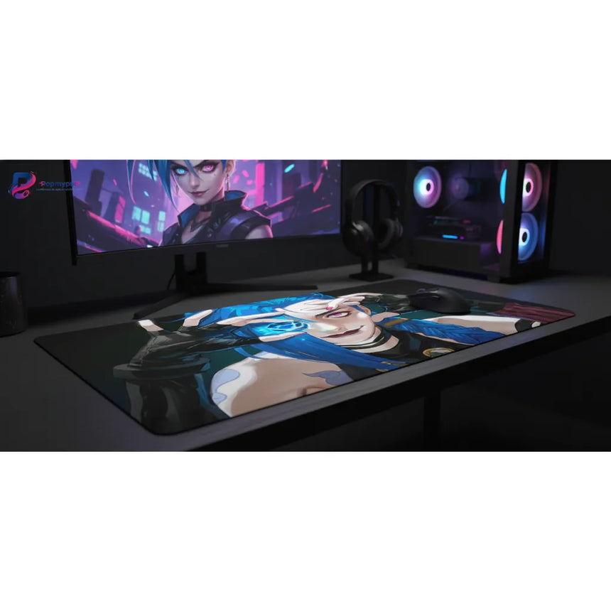 Tapis de souris League of Legends Jinx - Édition Hextech Chaos avec design de Jinx sur un bureau de gaming.