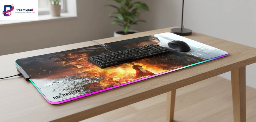 Tapis de souris Gaming RGB - Final Fantasy XVI Edition Clive & Ifrit avec clavier et souris sur un bureau