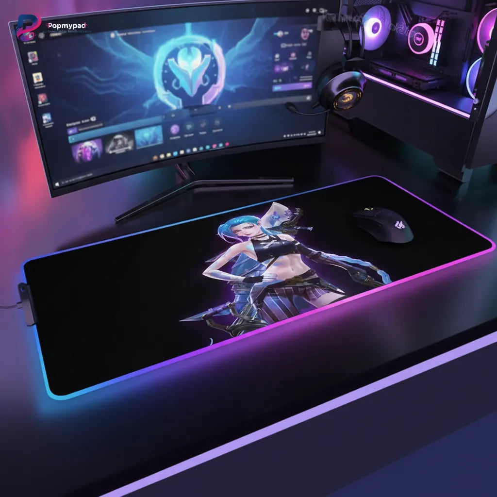 Tapis de souris Gaming RGB - League of Legends : Jinx Edition XXL avec illumination dynamique et illustration de Jinx.