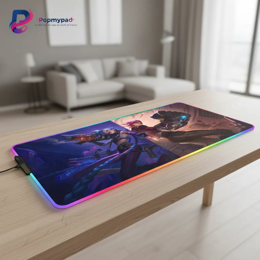 Tapis de souris Gaming RGB League of Legends - Jinx & Vi Arcane Edition sur une table moderne
