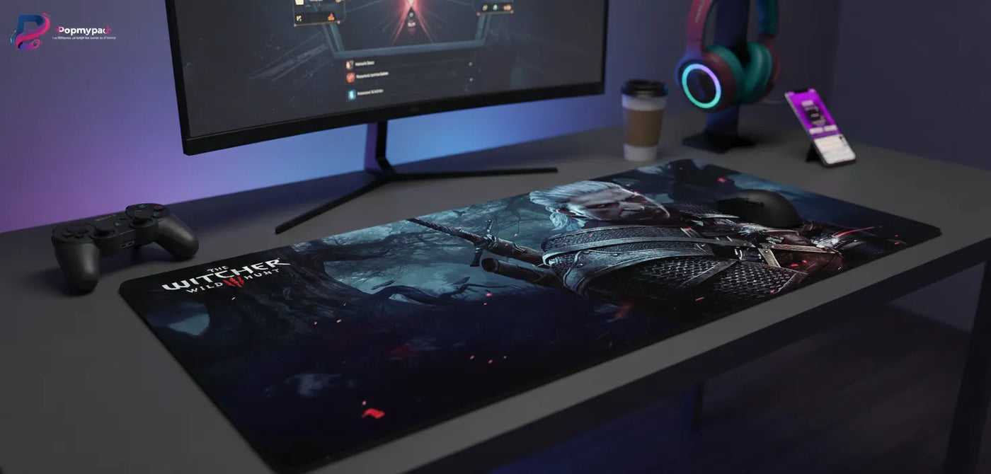 Tapis de souris Gaming THE WITCHER - Geralt de Riv Edition Esport XXL sur un bureau moderne avec écran de jeux.