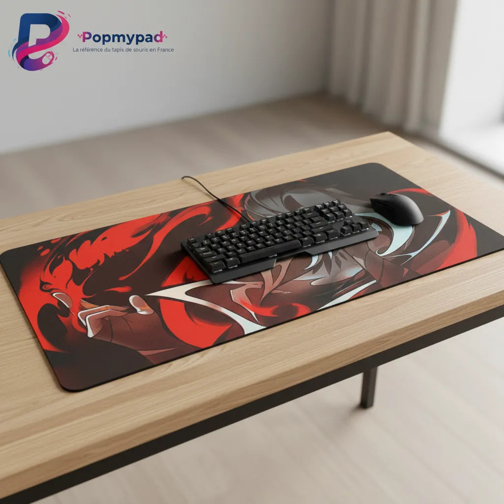 Tapis de souris Gaming Valorant - Édition Fade : Le Cauchemar de vos Ennemis sur une table avec un clavier et une souris.
