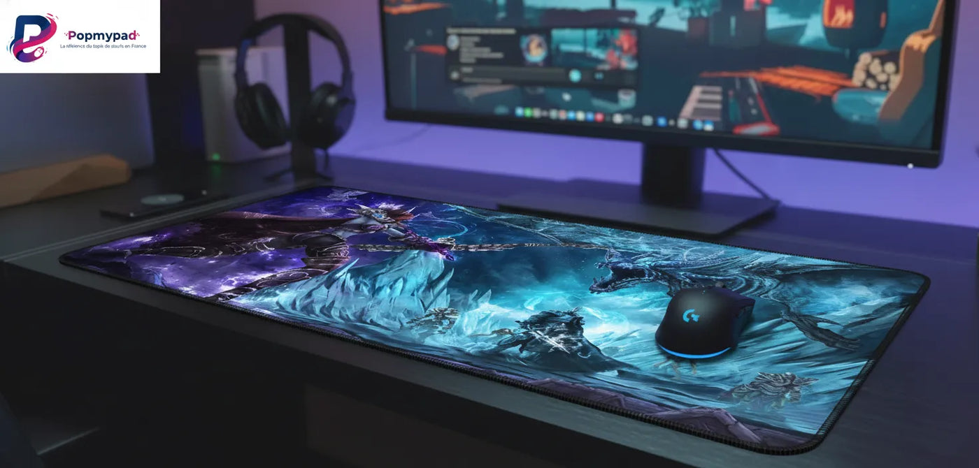 Tapis de souris Gaming World of Warcraft - Édition Duel Épique Sylvanas vs Roi Liche sur un bureau gaming.