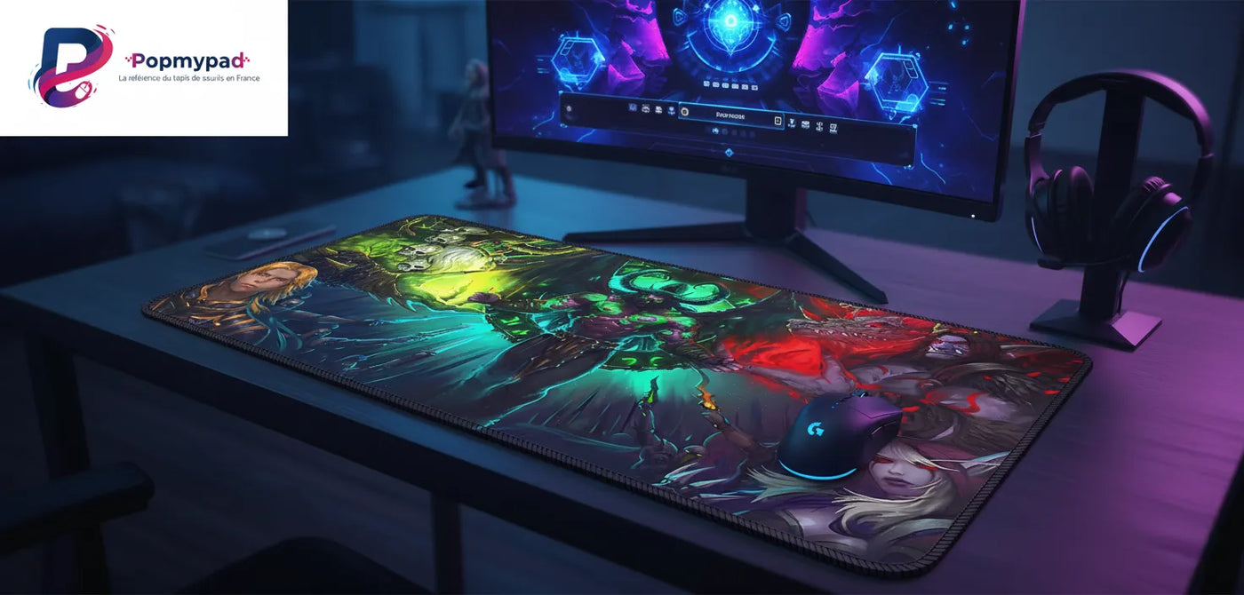 Tapis de souris Gaming XL World of Warcraft - Édition Légendes d'Azeroth sur un bureau de gaming.