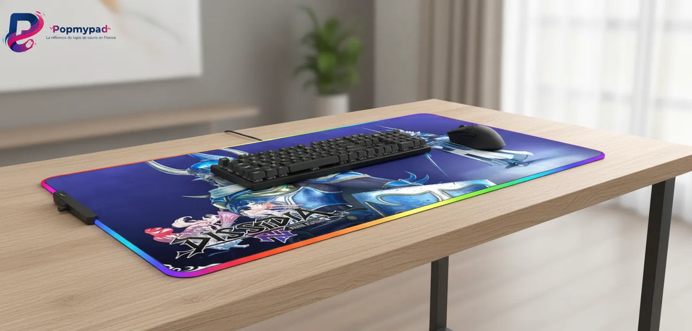 Tapis de souris Gaming XXL - Dissidia Final Fantasy NT Warrior of Light Edition sur un bureau moderne avec clavier et souris.