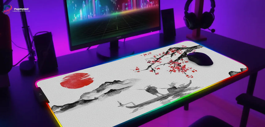 Japanese RGB Mouse Pad — Fisherman's Serenity & Sakura