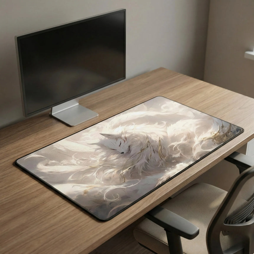 Tapis de souris Kitsune Céleste - Design Zen & Minimaliste sur un bureau en bois avec un ordinateur.