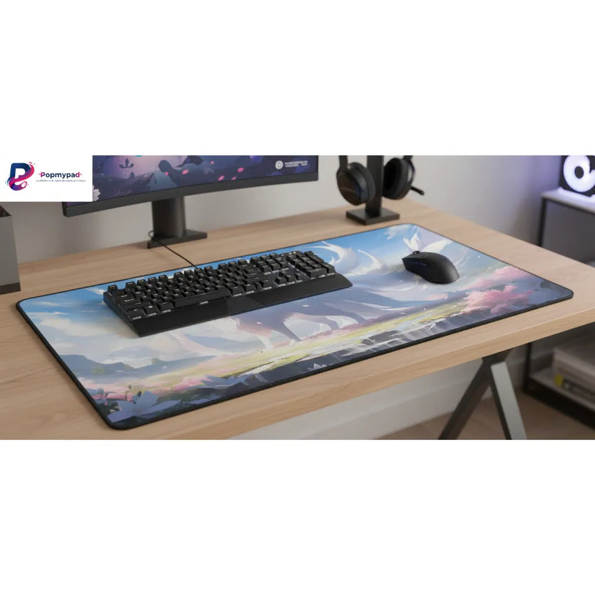 Tapis de souris Kitsune Onirique – Sérénité & Design Japonais Pastel sur un bureau avec un clavier et une souris.