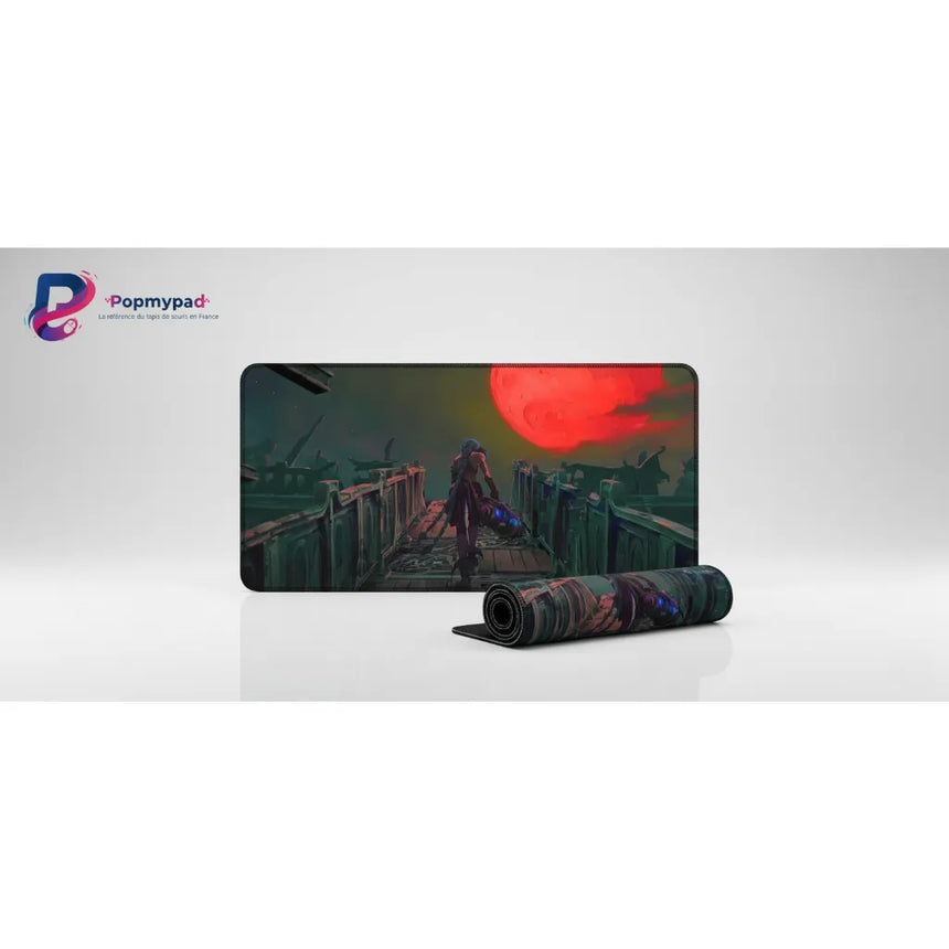 Tapis de souris League of Legends - Jinx Arcane Edition Blood Moon avec illustration de Jinx sous une lune rouge.