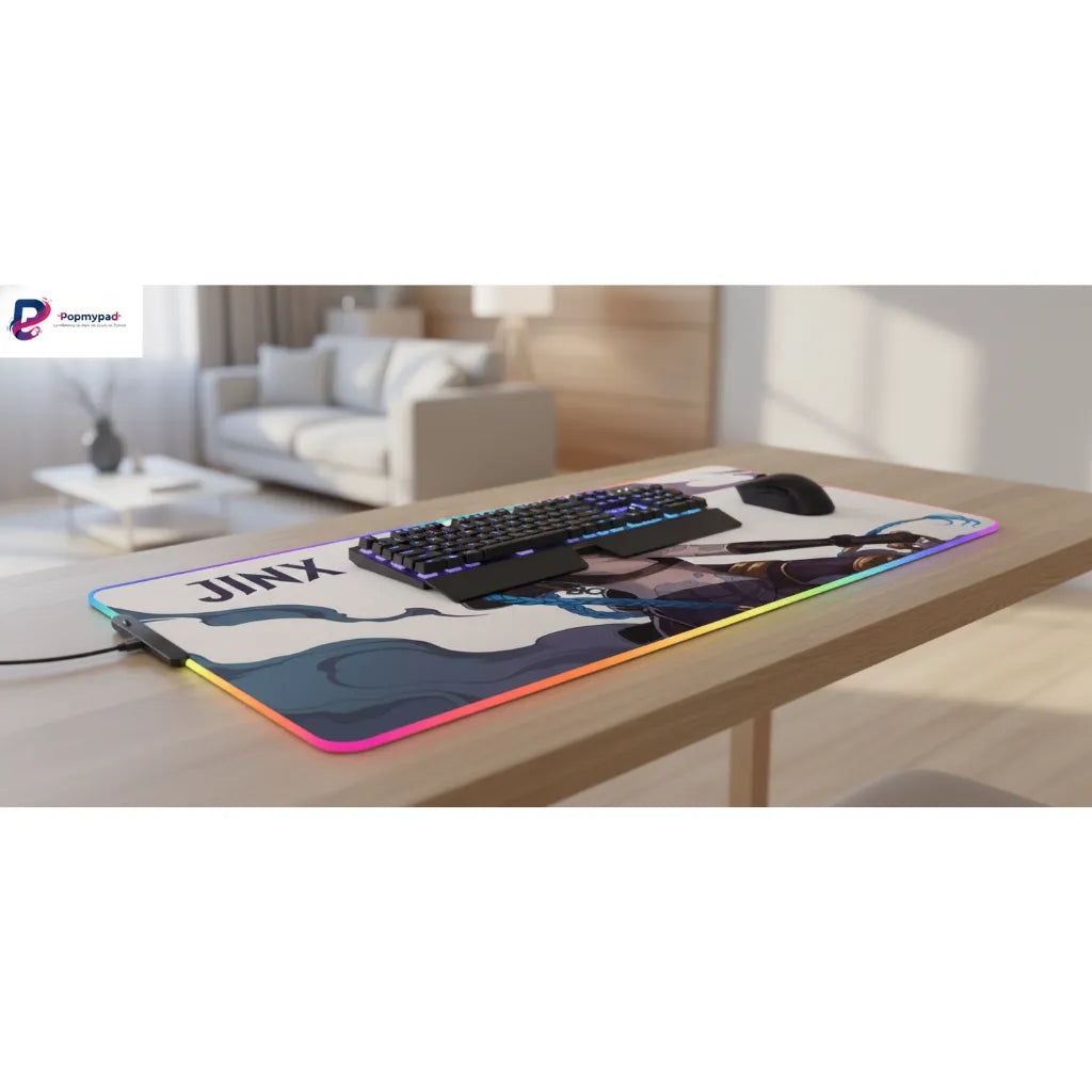 Tapis de souris League of Legends - Jinx Edition | Glisse Ultime & Design Arcane sur un bureau avec un clavier et une souris.