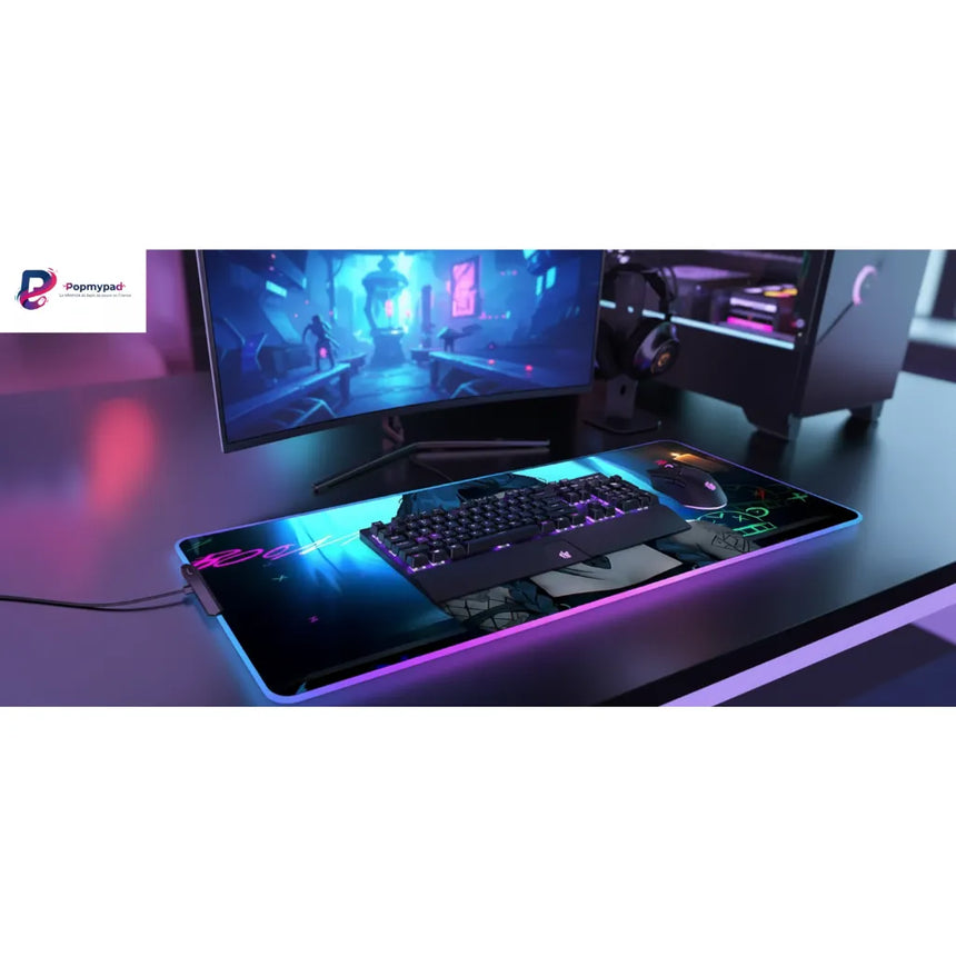 Tapis de souris RGB Jinx League of Legends - Édition Chaos Arcane XXL avec clavier et écran de jeu.