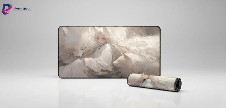 Tapis de souris Renard Blanc — Sérénité Onirique & Minimalisme Zen avec design de renard et personnage éthéré.