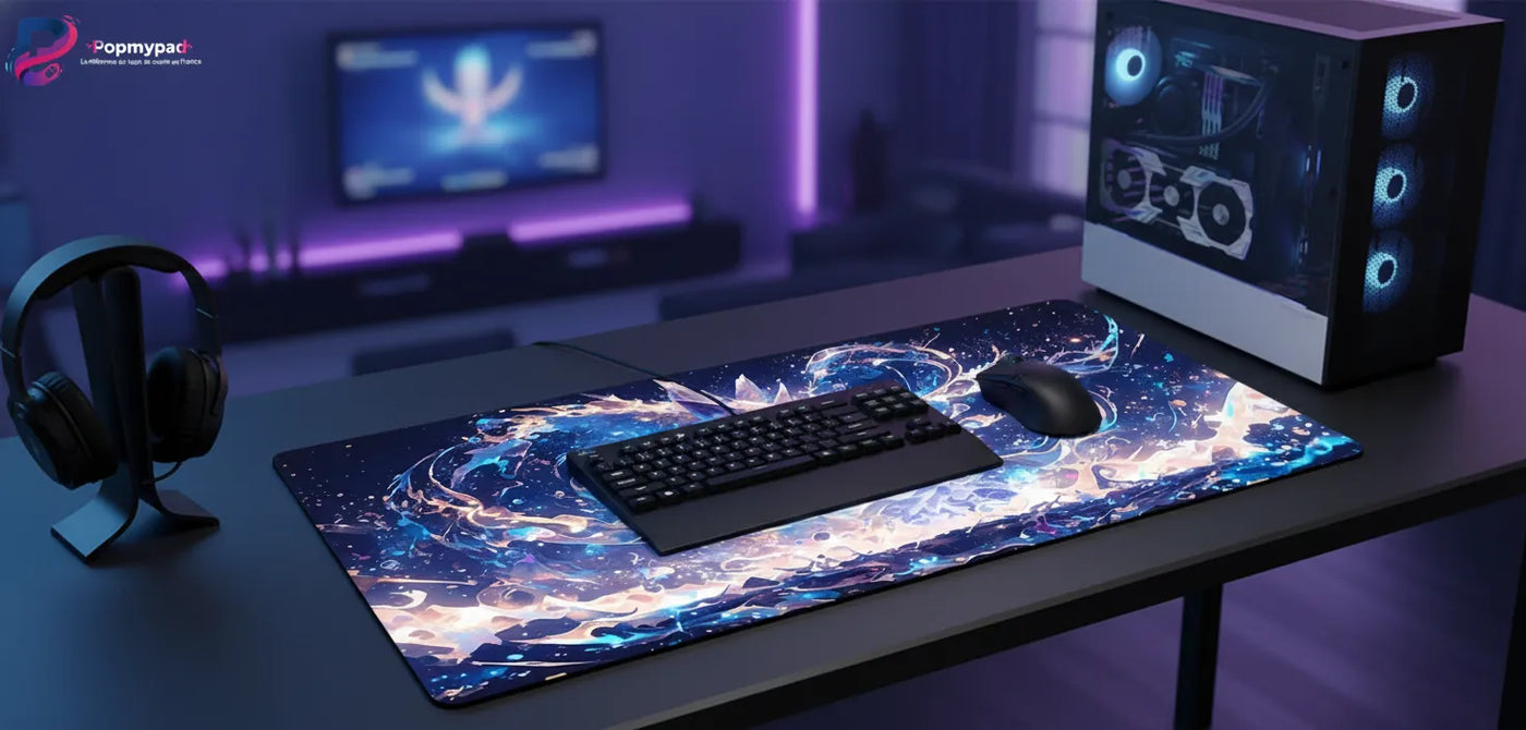 Tapis de souris Renard Céleste - Édition Zen & Éthérée sur un bureau moderne avec un clavier et une souris.