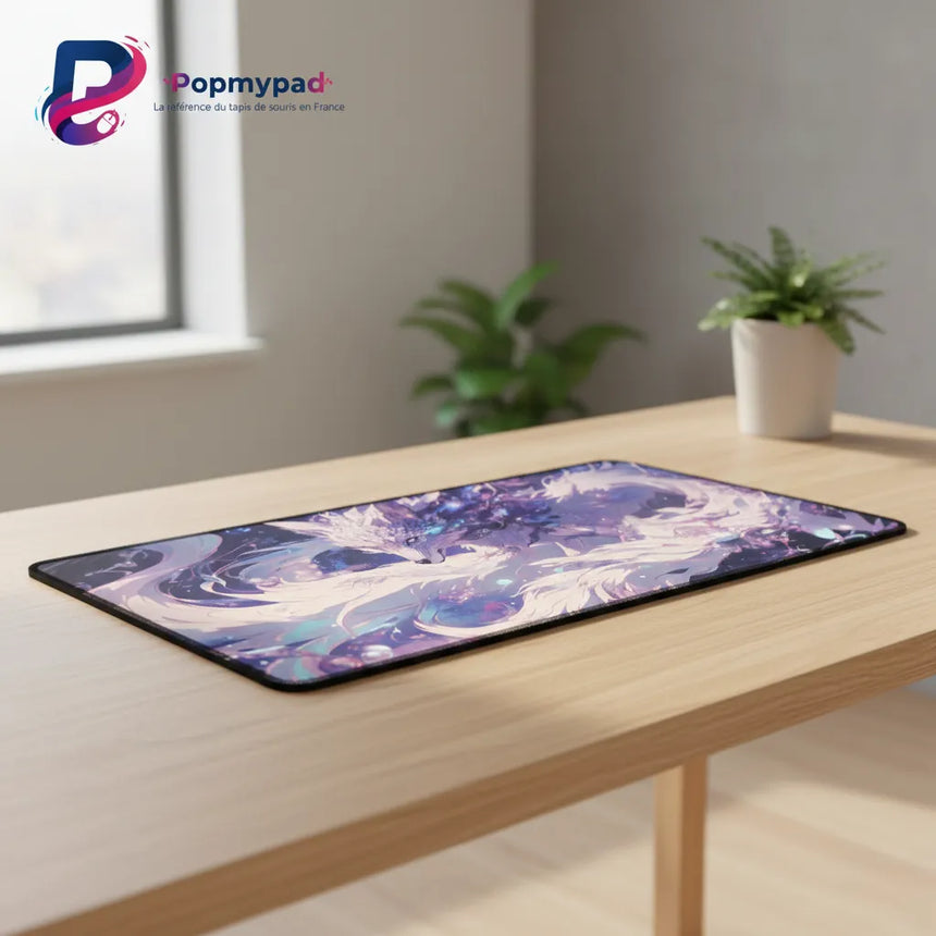 Tapis de souris Renard Cosmique - L'Esprit des Étoiles (Édition Artistique) sur un bureau moderne.