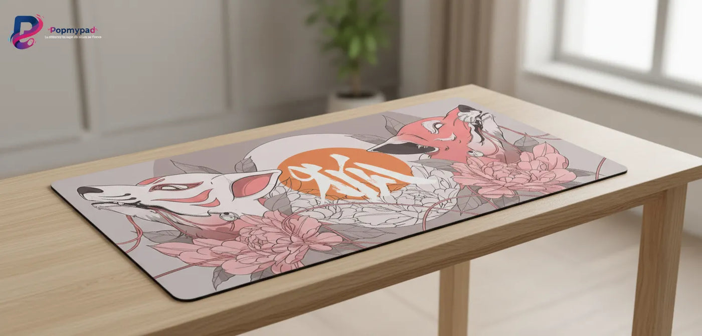 Tapis de souris "Sérénité du Kitsune" – Design Japonais Zen & Minimaliste avec renards et pivoines.