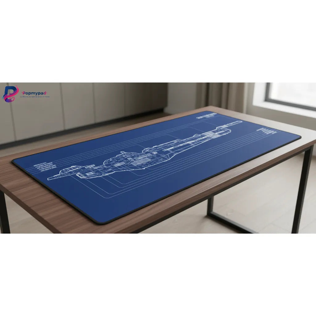 Tapis de souris Star Trek - Design Blueprint Calan Clear Exbrosv avec un schéma technique sur fond bleu
