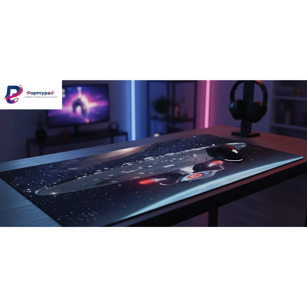 Tapis de souris Star Trek - Édition USS Enterprise Deskmat Gaming sur un bureau avec un fond stellaire.