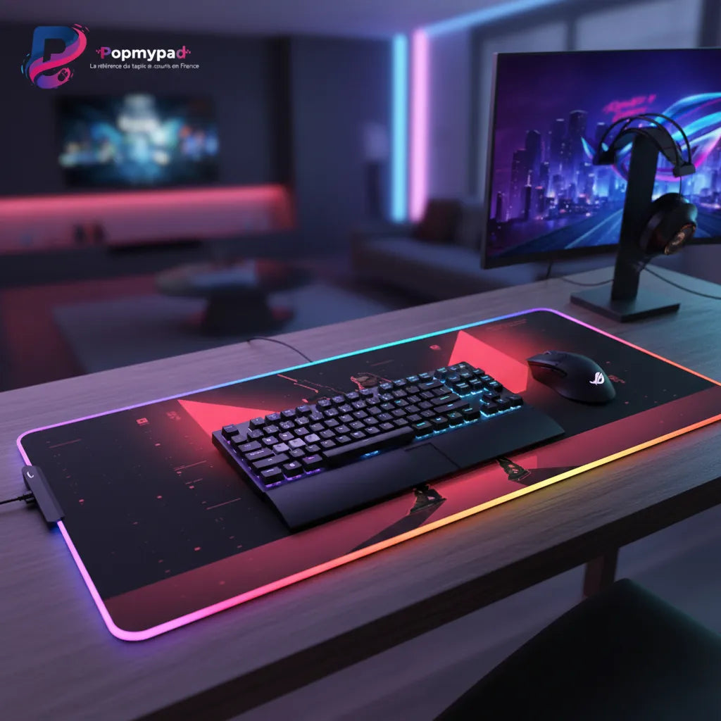 Tapis de souris Valorant - Édition Jett - Précision Speed XXL & RGB avec clavier et souris RGB sur un bureau moderne.