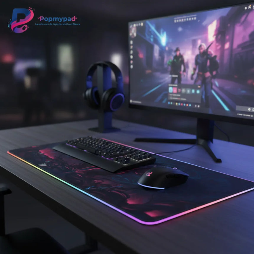Tapis de Souris Gamer VALORANT – XL RVB & Design Épique sur bureau avec clavier et écran.