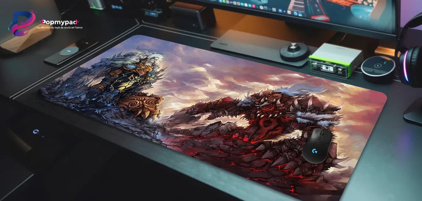 Tapis de souris World of Warcraft - Alliance vs Horde : Le Duel des Titans (Format XXL) sur un bureau de gaming.
