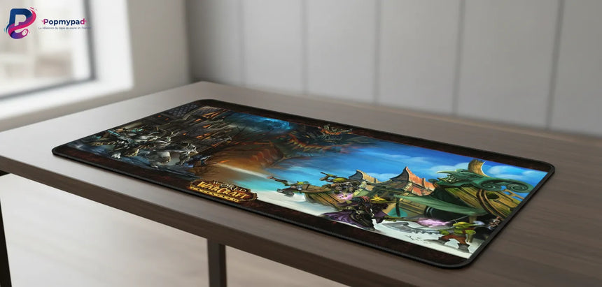Tapis de souris World of Warcraft - Édition Cataclysm : L'Affrontement Épique sur un bureau, affichant des personnages emblématiques.