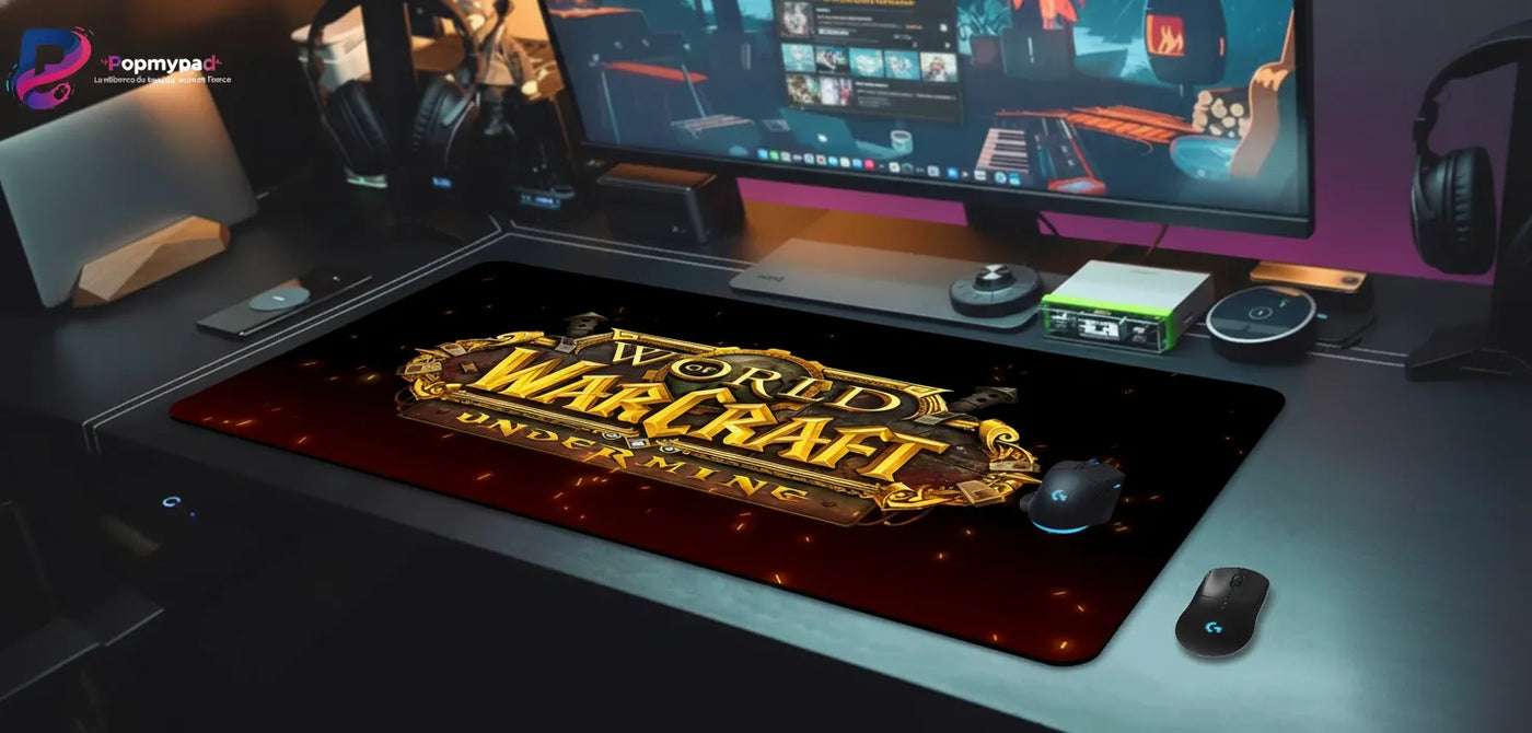 Tapis de souris World of Warcraft Undermine Edition – Performance & Précision Gamine sur un bureau de gamer.