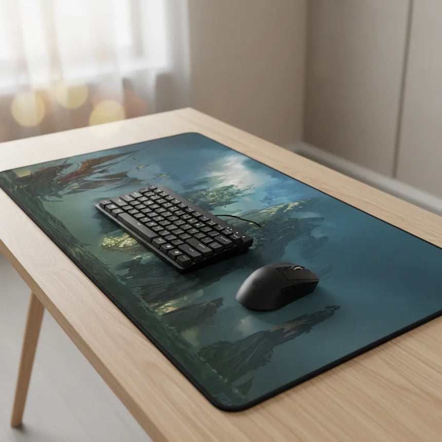 Tapis de souris XXL - L'Odyssée de la Cité Perdue avec clavier et souris sur un bureau en bois.