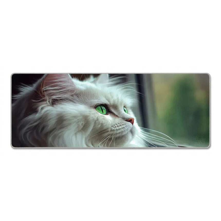 XXL Mouse Pad White Cat with Green Eyes - Artistic Design & Premium Comfort
