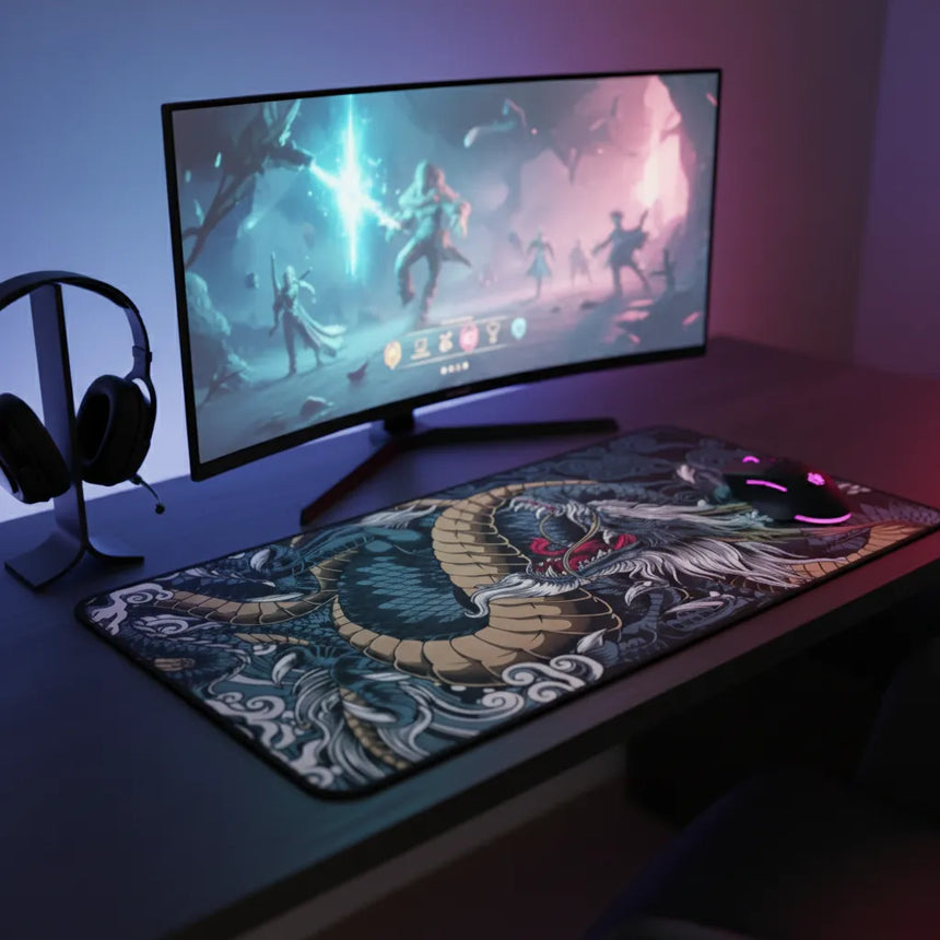 Tapis de souris XXL Dragon Japonais - Style Irezumi Traditionnel sur un bureau de gaming avec moniteur et casque.