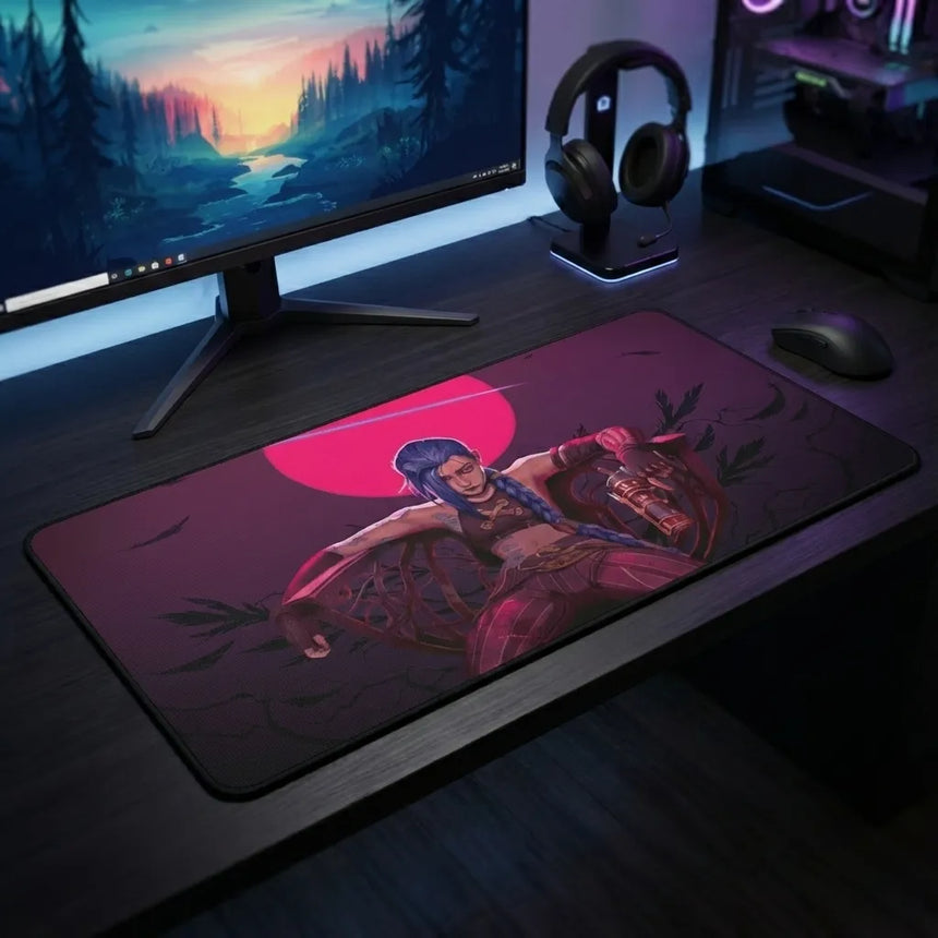 Tapis de souris XXL Jinx - Édition Limitée Arcane (League of Legends) avec illustration vibrante de Jinx.