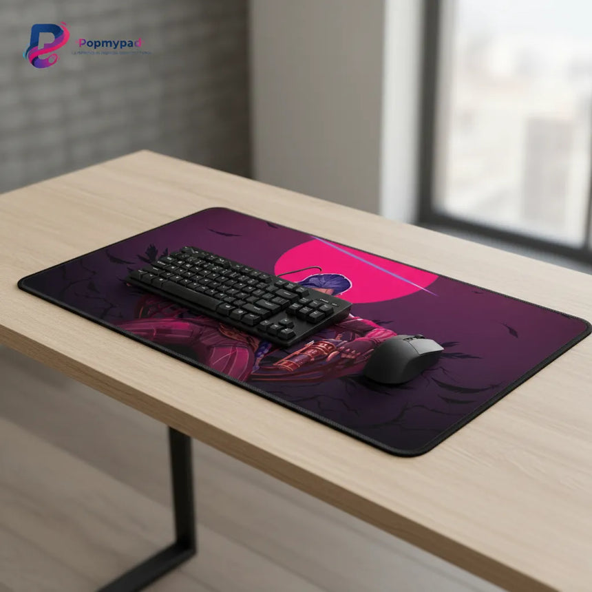 Tapis de souris XXL Jinx - Édition Limitée Arcane (League of Legends) sur un bureau moderne avec un clavier.