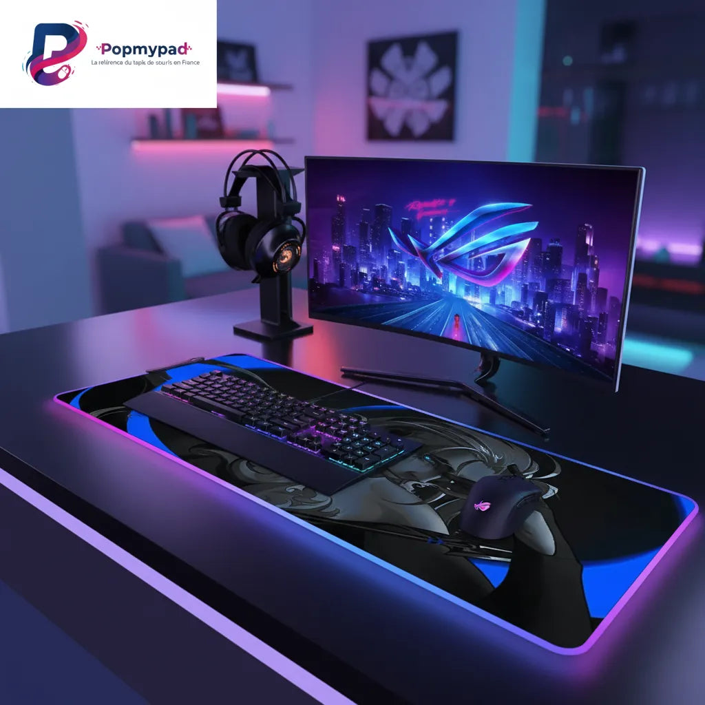 Tapis de souris valorant - Édition Sova - Précision XXL & RGB avec clavier et casque gaming sur un bureau moderne.