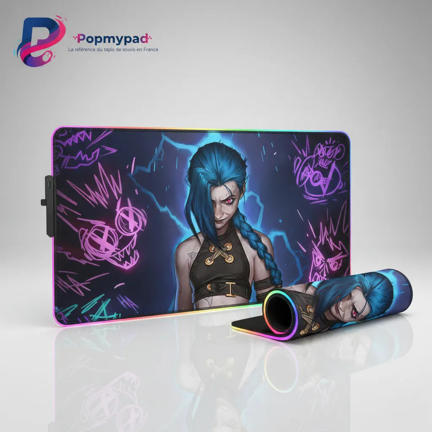 Tapis de Souris Gaming RGB Jinx - League of Legends : Édition Chaos Néon XXL avec design de l'iconique championne Jinx.