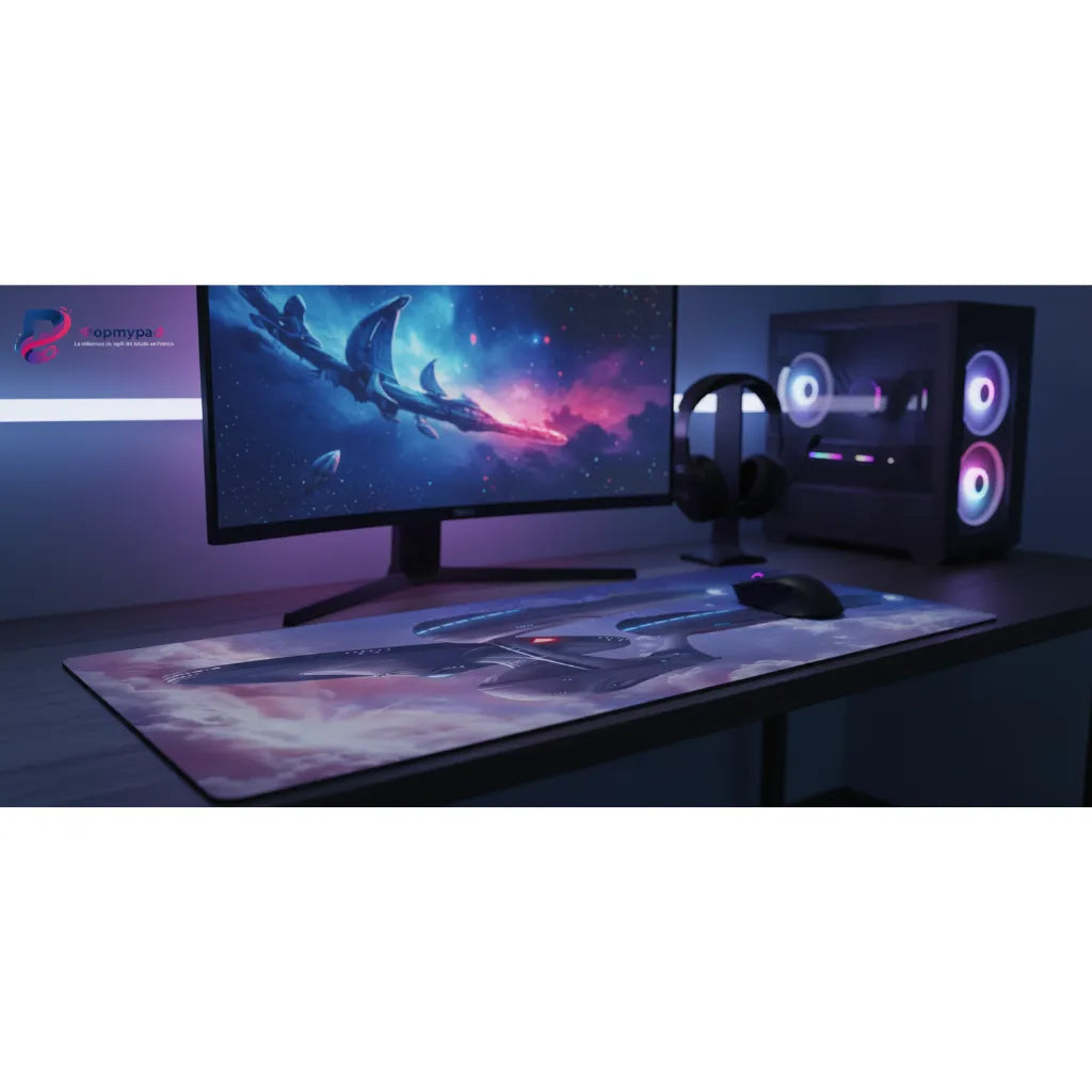 Tapis de souris Star Trek - USS Enterprise NCC-1701 : Édition Nébuleuse Cosmique sur un bureau avec un écran et un ordinateur de jeu.