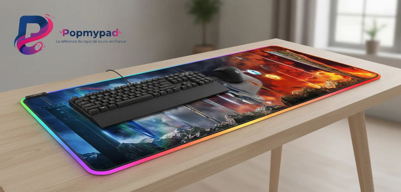 Tapis de Souris Gaming Final Fantasy - Édition Arsenal Légendaire (XL/RGB) avec un clavier sur un bureau.