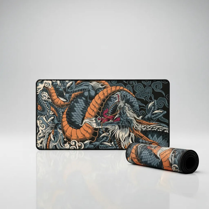 Tapis de Souris XXL Dragon Japonais – Édition Phoenix Orange & Noir avec design de dragon japonais.