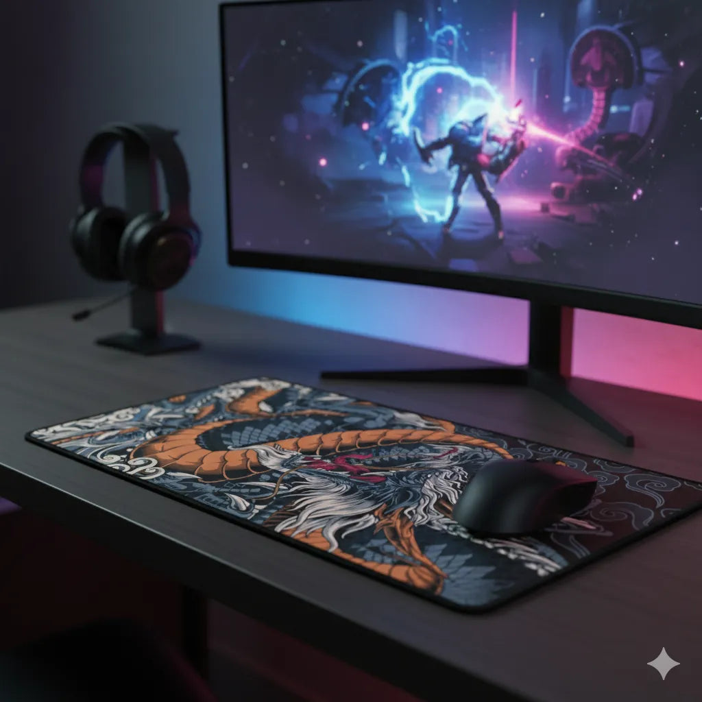 Tapis de Souris XXL Dragon Japonais – Édition Phoenix Orange & Noir sur un bureau de gamer avec écran et casque.