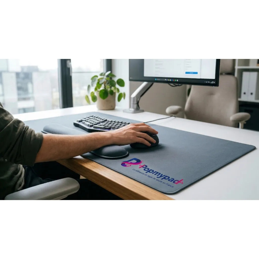 Tapis de souris de bureau ergonomique XXL installé sur un poste de travail